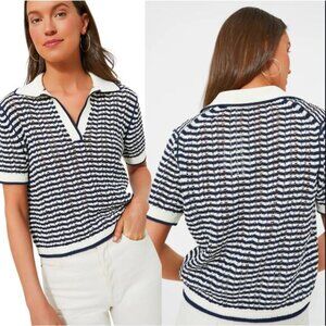 NEW Simkhai Spread Collar Short Sleeve Polo Shirt Midnight Stripe Size: XS